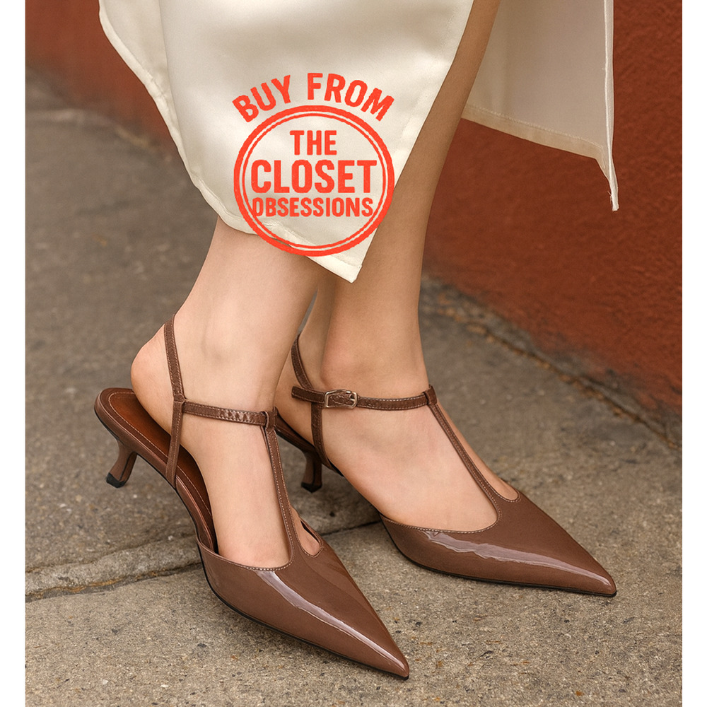 Zara NWT Brown Patent T Strap Slingback Pointed Toe Kitten Heels 9 10 - Picture 4 of 16